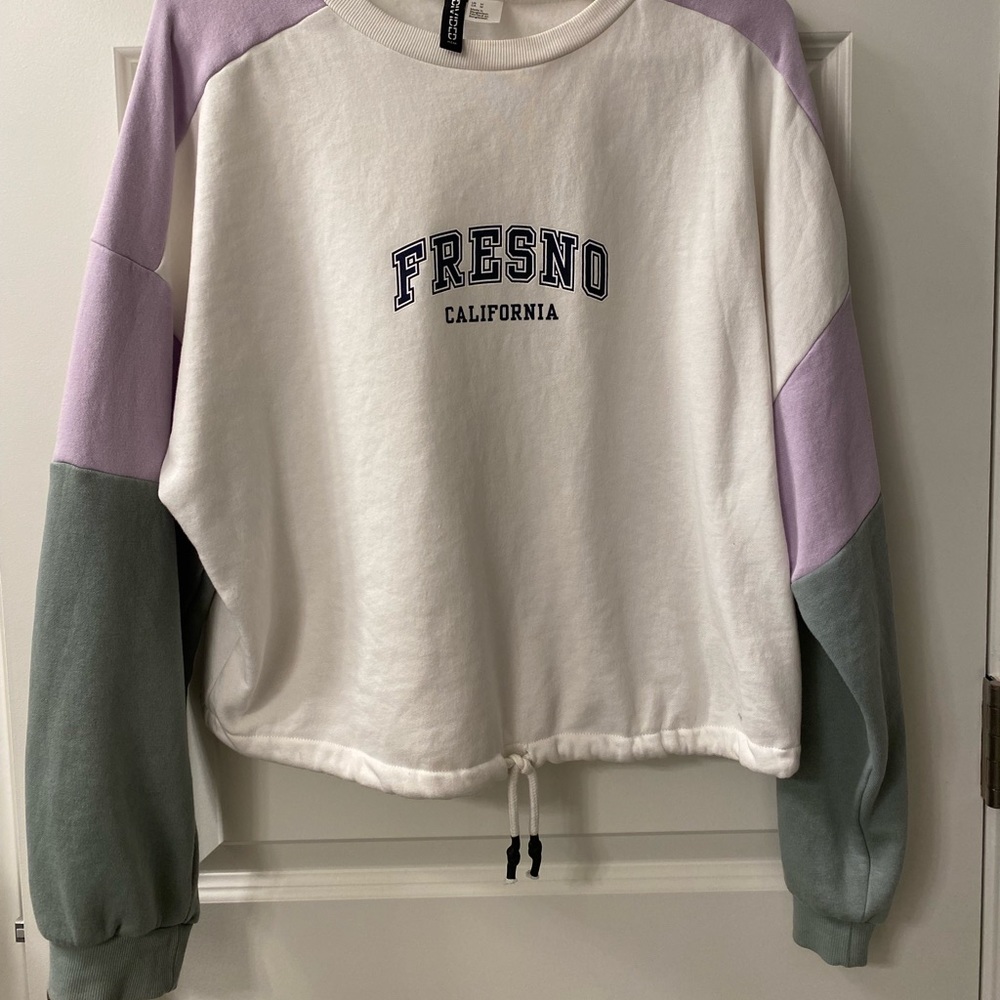 Multi colored, patch sleeve cropped crewneck